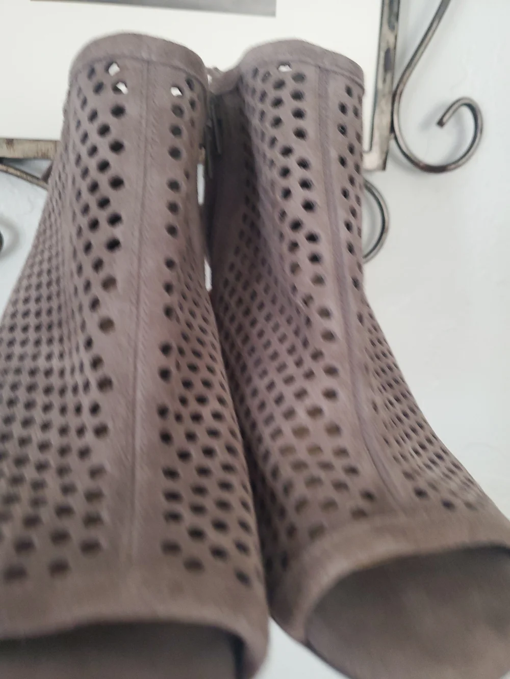 Gianni Bini Taupe Suede Perforated Peep-Toe Booties